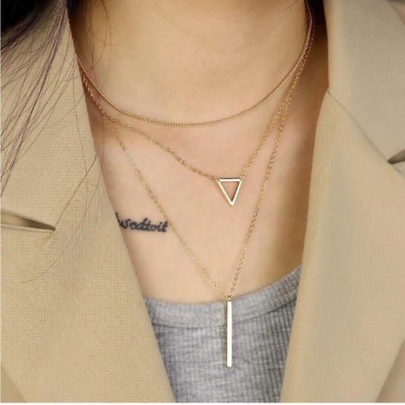 Gold 14k Gold Plated 3pc Bar & Triangle Necklace Set - Picture 2 of 2